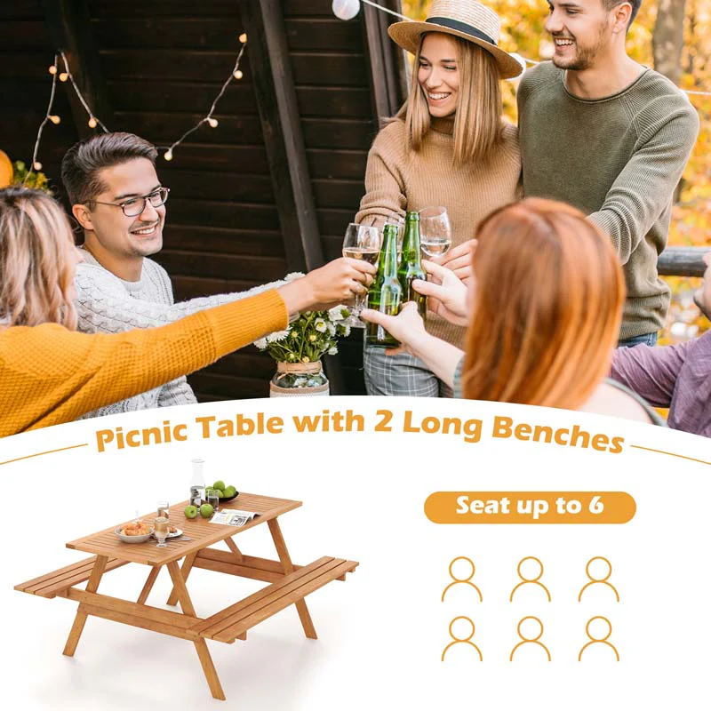 Eletriclife 6 Person Picnic Table Set Patio Rectangle with 2 Built-in Benches and Umbrella Hole