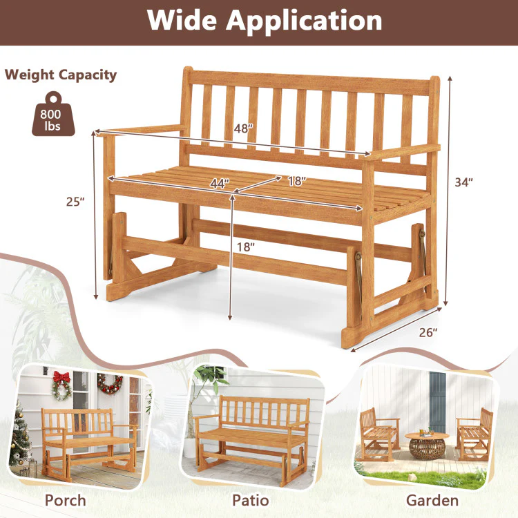 Eletriclife 2-Person Outdoor Acacia Wood Glider Bench Patio Swing Rocking Loveseat