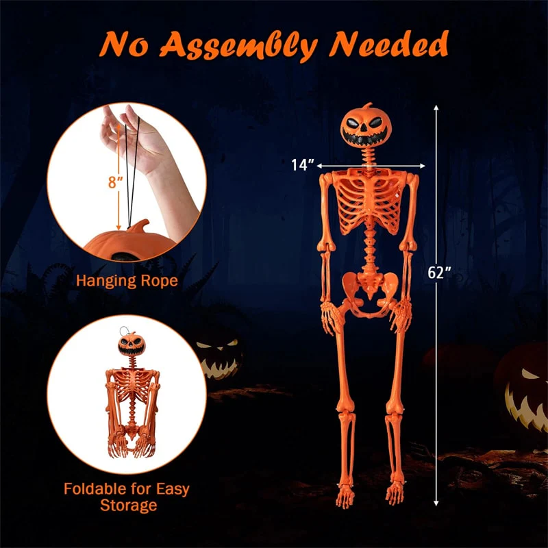 Eletriclife 5.2 FT Orange Pumpkin Head Skeleton Life-Size Poseable Halloween Skeleton for Indoor Outdoor Decor