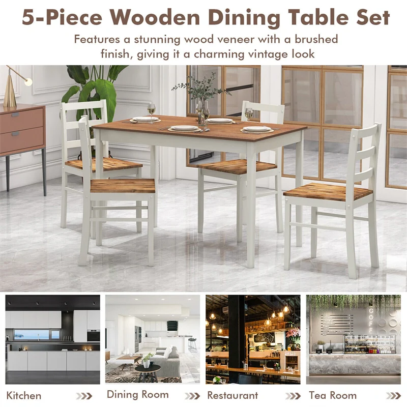 Eletriclife 5-Piece Mid-Century Modern Dining Table Set for 4 with Rubber Wood Legs, Farmhouse Kitchen Table & 4 Chairs for Small Spaces