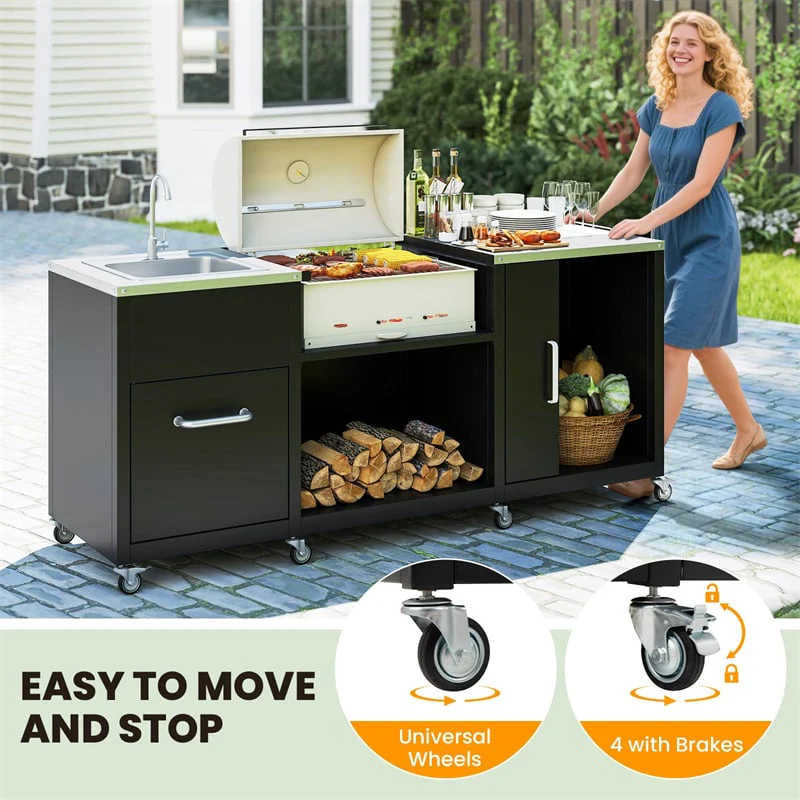 Eletriclife 80" Outdoor Grill Table Heavy Duty Metal Grill Cart with Sink & Stainless Steel Countertop