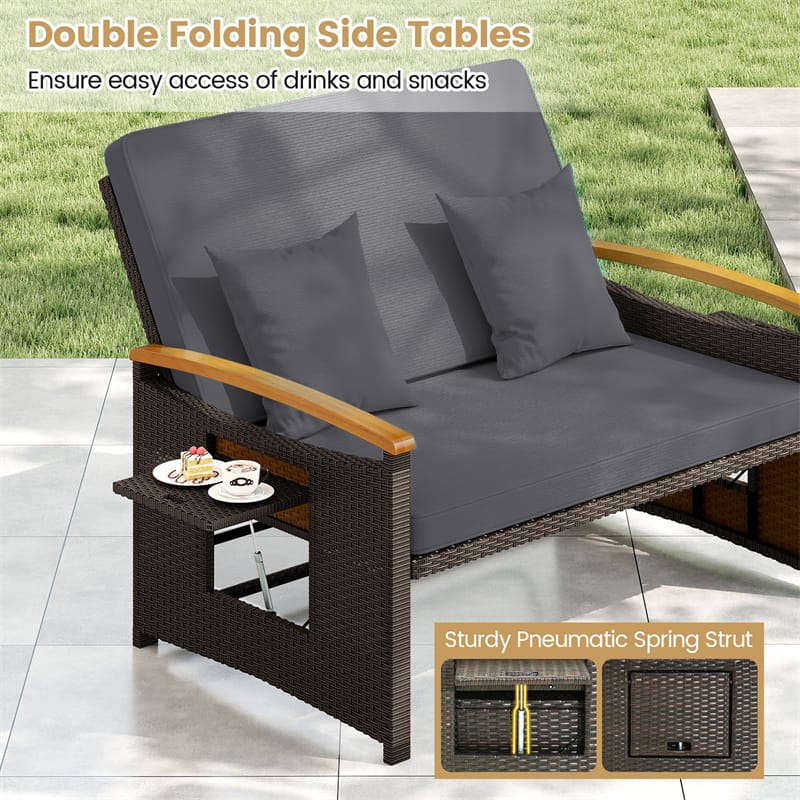 Eletriclife Adjustable Patio Rattan Daybed 2-Person Outdoor Wicker Loveseat with Storage Ottoman
