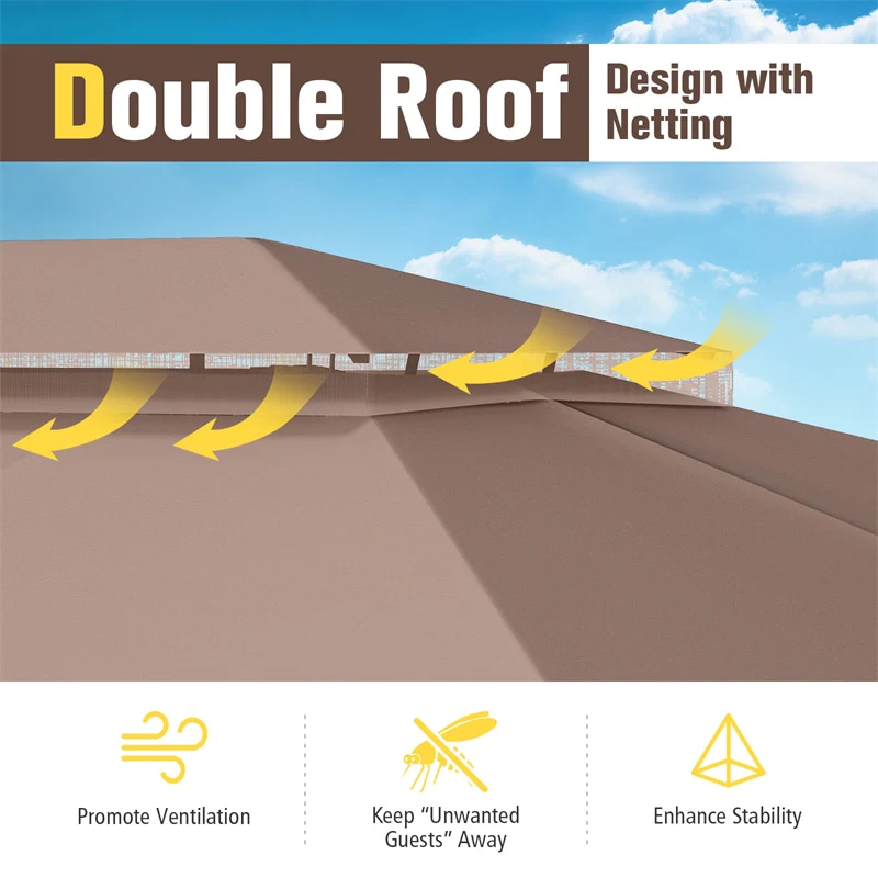 Eletriclife 10 x 13 FT Patio Gazebo Double-Roof Outdoor Canopy Tent with Mesh Netting & Privacy Curtains