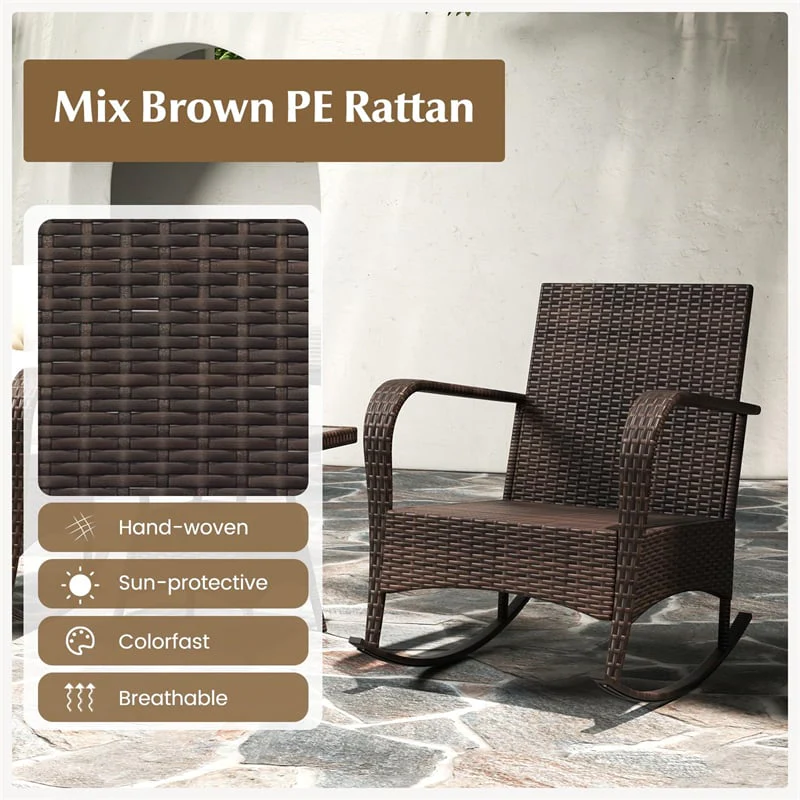 Eletriclife 3-Piece Outdoor Wicker Rocking Chair Set with Cushions & Pillows, Tempered Glass Coffee Table for Porch Balcony