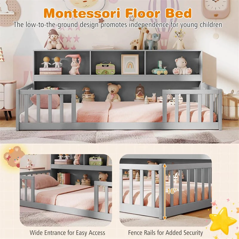 Eletriclife Twin Montessori Floor Bed with Bookcase & Safety Fence Rails for Kids