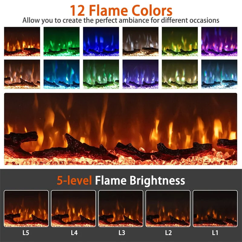 Eletriclife 60 Inches 3-Sided Electric Fireplace Insert 750W/1200W Recessed Heater with 12 Flame Colors & Remote Control