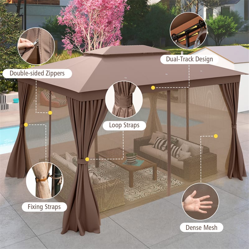 Eletriclife 10 x 13 FT Patio Gazebo Double-Roof Outdoor Canopy Tent with Mesh Netting & Privacy Curtains