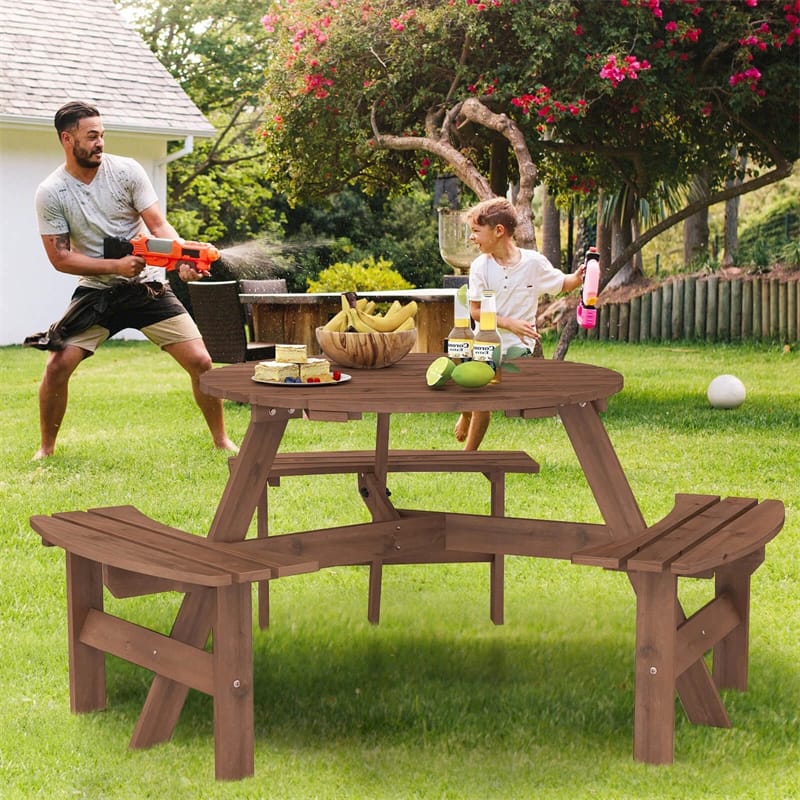 Eletriclife 6-Person Outdoor Round Wood Picnic Table Set with 3 Built-in Benches & 2" Umbrella Hole