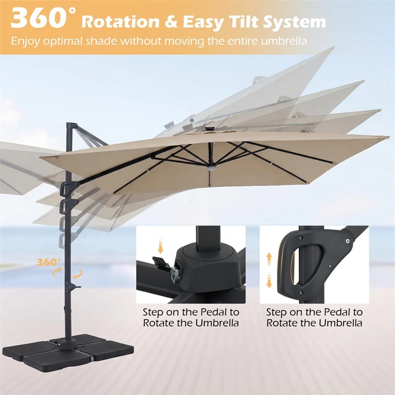 Eletriclife 10FT Square Offset Cantilever Patio Umbrella with 32 Solar LED Lights & 360° Rotation for Poolside, Yard