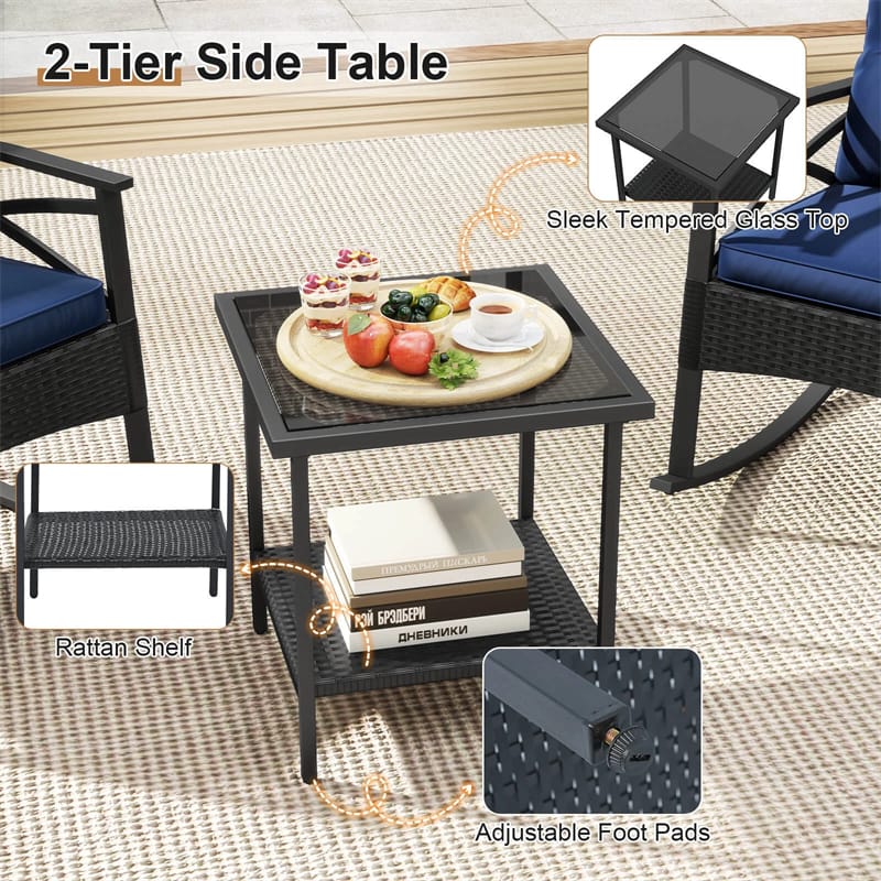 Eletriclife 3 Piece Rattan Rocking Bistro Set with Cushions & 2-Tier Glass Table for Porch, Balcony, Backyard
