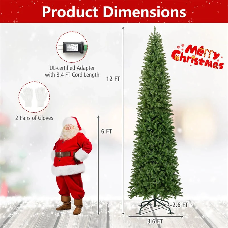 Eletriclife 12 FT Pre-Lit Slim Pencil Christmas Tree with 1000 Warm White LED Lights for Holiday Decoration