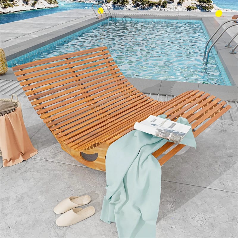 Eletriclife Acacia Wood Outdoor Double Rocking Chaise Lounge with Slatted High Backrest & Seat for Poolside