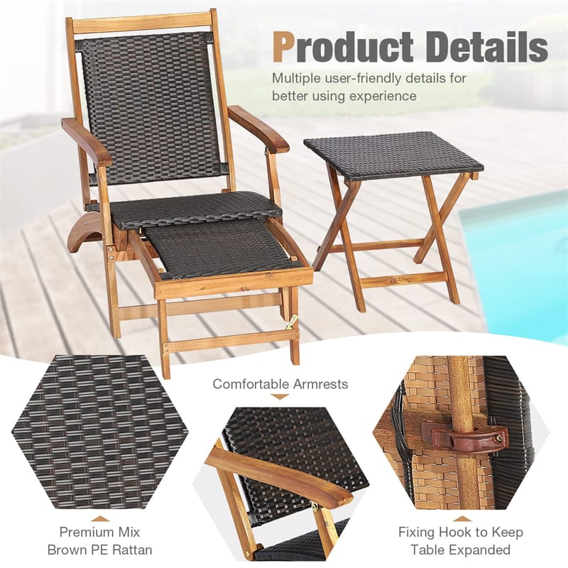 Eletriclife 3-Piece Patio Lounge Chair Set Acacia Wood Rattan Wicker Folding Chaise Lounge with Retractable Ottoman & Side Table