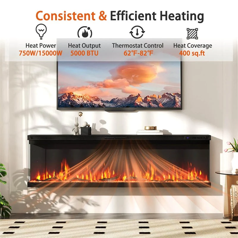 Eletriclife 60 Inches 3-Sided Electric Fireplace Insert 750W/1200W Recessed Heater with 12 Flame Colors & Remote Control