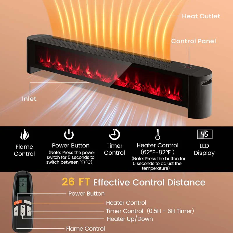 Eletriclife 1400W Baseboard Electric Heater with Realistic Multicolor Flame