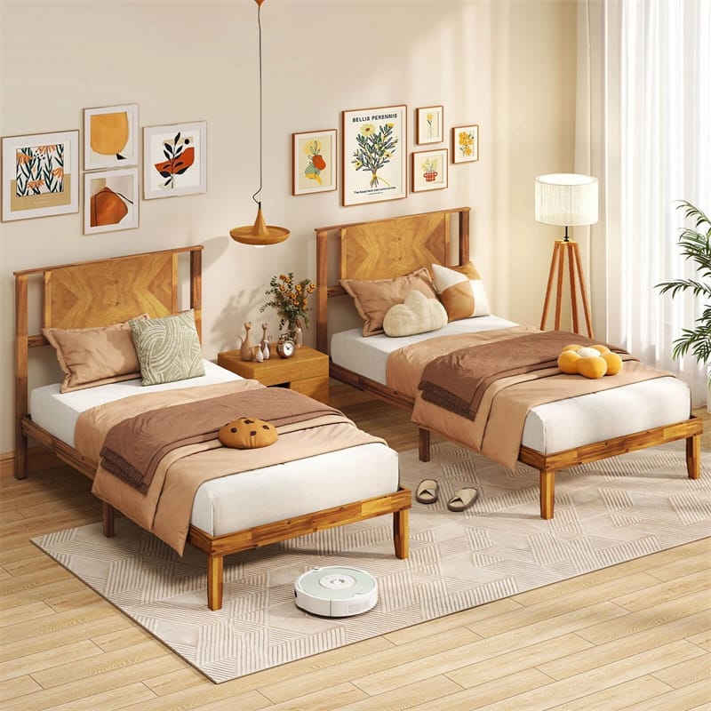Eletriclife Twin/Full/Queen Size Acacia Wood Platform Bed Frame with Headboard & Under-Bed Space