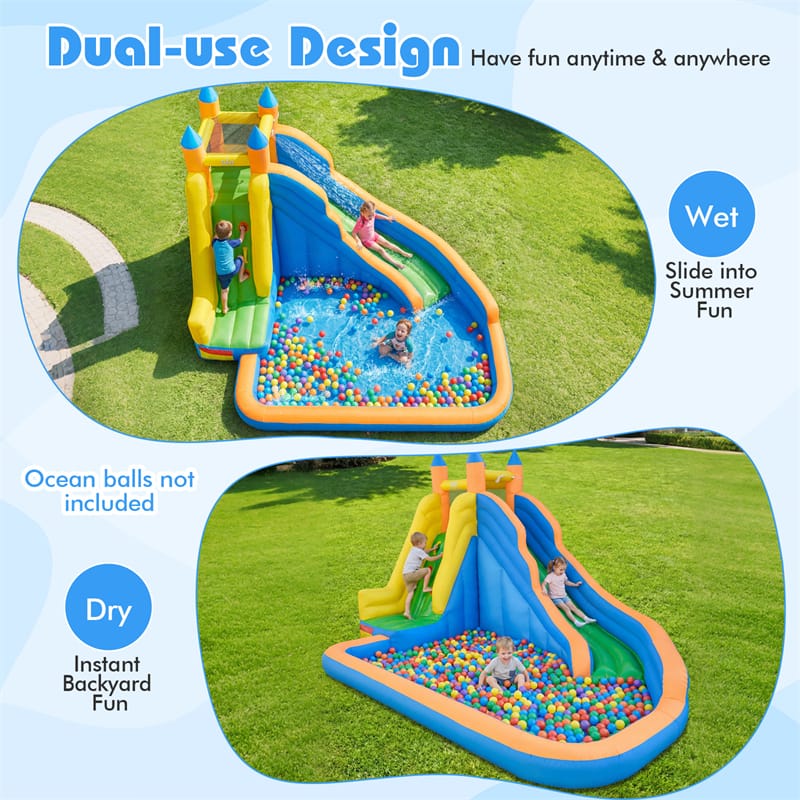 Eletriclife Inflatable Water Slide 3-in-1 Giant Bouncy Castle Water Park with Climbing Wall & Splash Pool for Kids Backyard Parties