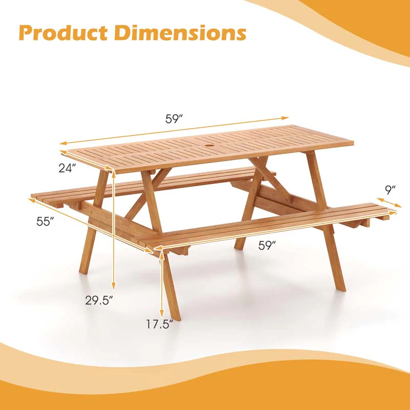 Eletriclife 6 Person Picnic Table Set Patio Rectangle with 2 Built-in Benches and Umbrella Hole