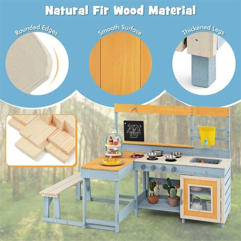 Eletriclife 2-in-1 Fir Wood Outdoor Mud Kitchen & Kids Picnic Table Built-in Bench & Blackboard