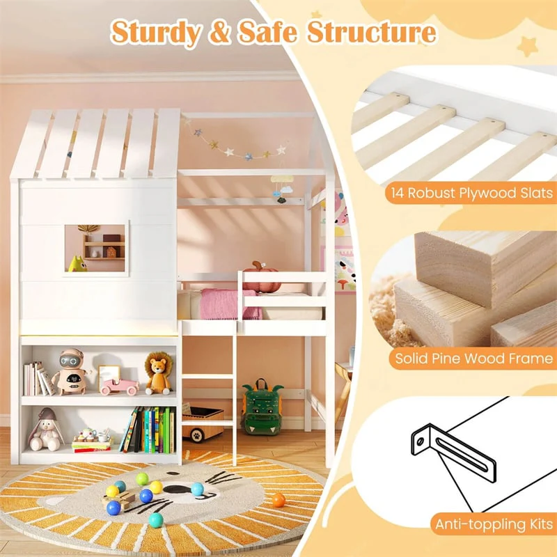 Eletriclife Twin Loft Bed with LED Lights, Kids House Bed with Roof & Window