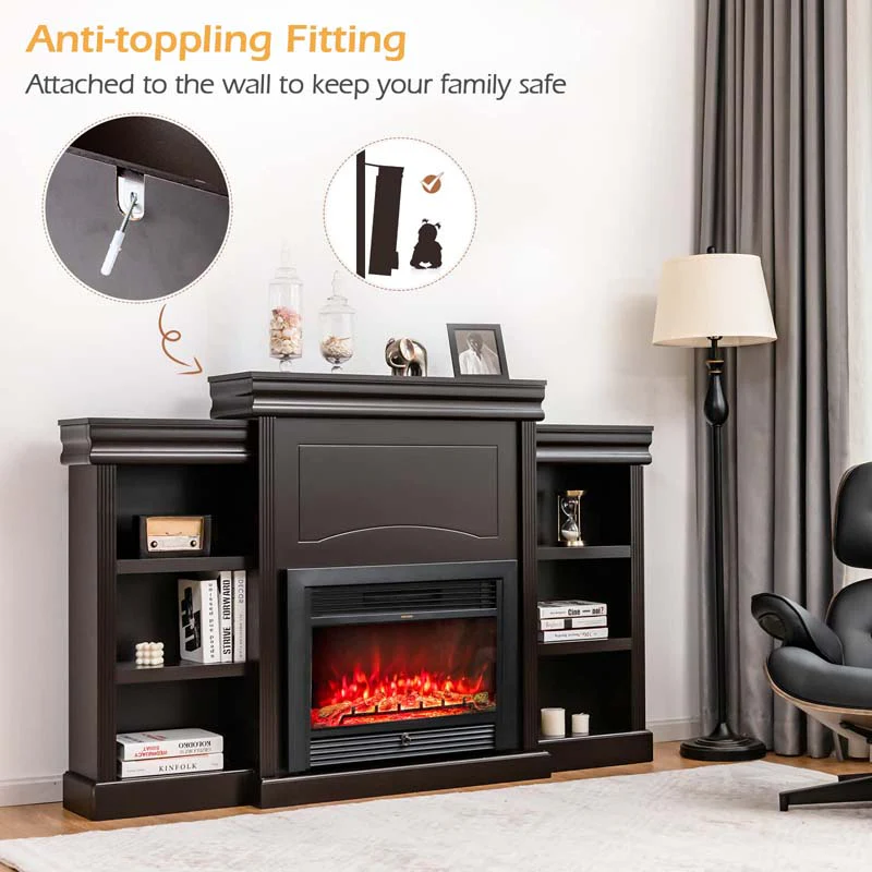 Eletriclife 70 Inch Modern Fireplace Media Entertainment Center with Bookcase