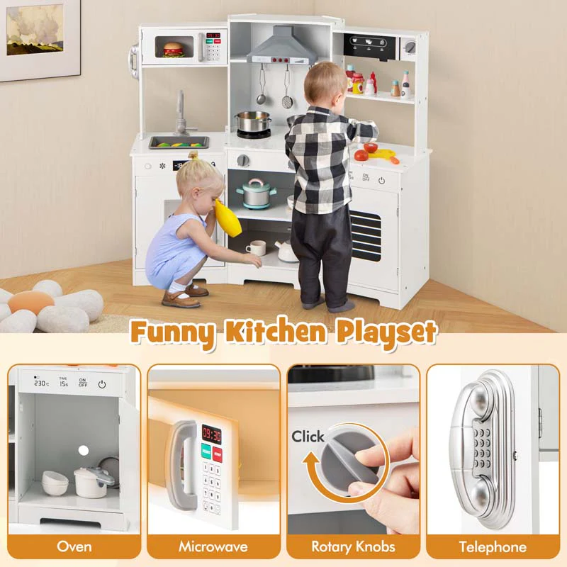 Eletriclife Pretend Play Kitchen Wooden Toy Set with Range Hood Real Sounds and Lights