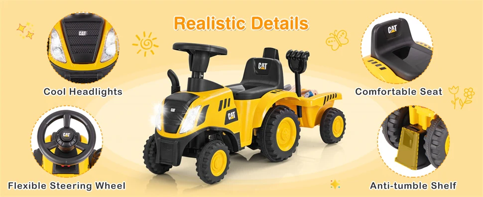 Eletriclife Kids Ride on Tractor 2-in-1 Licensed Caterpillar Foot-to-Floor Toddler Push Car with Detachable Trailer