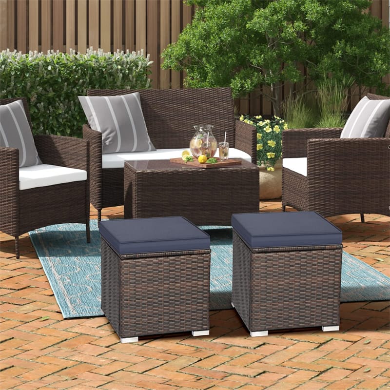 2PCS Wicker Outdoor Storage Ottomans with Removable Cushions, Multipurpose PE Rattan Footrest Side Table Seating for Patio Poolside Backyard