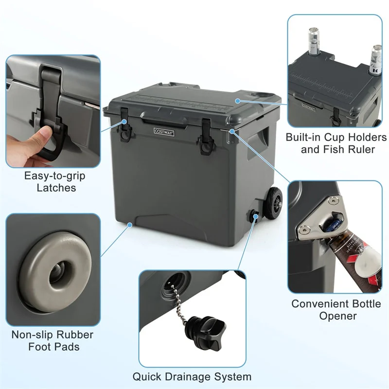 Eletriclife 42 Qt Rotomolded Cooler Insulated Ice Chest with Wheels & Handle for Beach Camping Picnic
