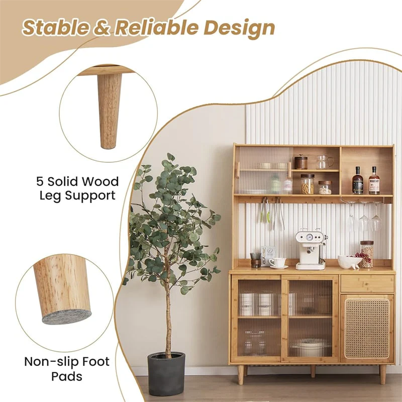 Eletriclife 69" Tall Bamboo Kitchen Pantry Hutch Cabinet Freestanding Buffet Sideboard with Wine Storage for Coffee Bar