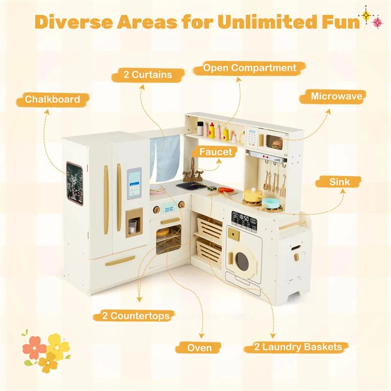 Eletriclife Corner Kids Kitchen Playset with Trash Can, Real Lights & Sounds, 2-Door Fridge