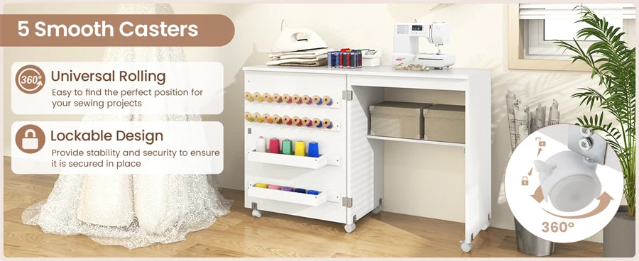 Eletriclife Folding Sewing Table Farmhouse Sewing Machine Cabinet with Barn Door, 18 Pegs & 2 Storage Trays
