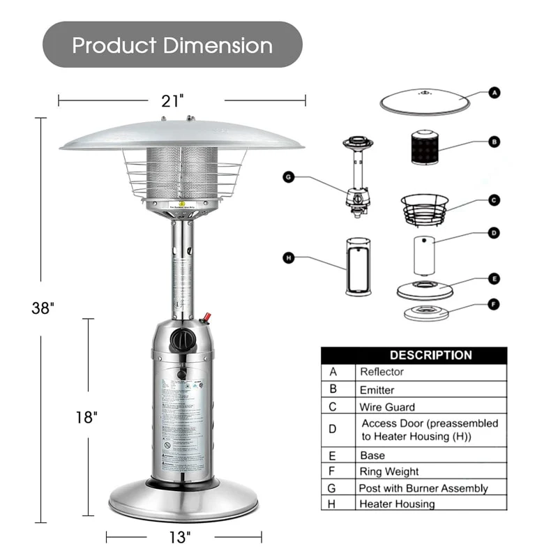 Eletriclife 11,000 BTU Tabletop Propane Patio Heater Portable Outdoor Heater with Adjustable Flame