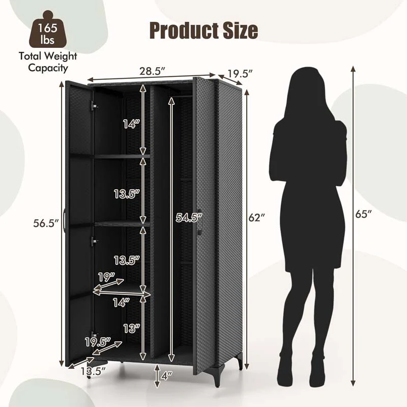 Eletriclife 62 Inch Wicker Wardrobe with 2 Doors PE Rattan Closet with Hanging Rod
