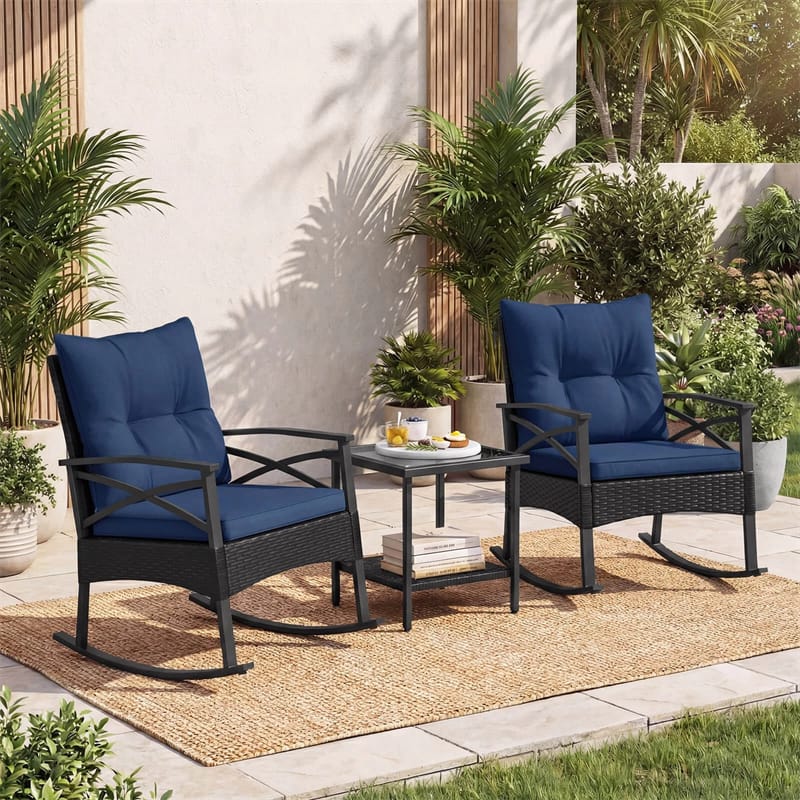 Eletriclife 3 Piece Rattan Rocking Bistro Set with Cushions & 2-Tier Glass Table for Porch, Balcony, Backyard