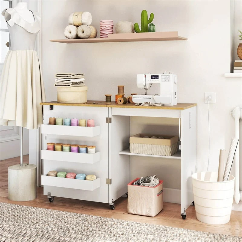 Eletriclife Folding Sewing Table Rolling Craft Table with Charging Station, Storage Tray & Shelf