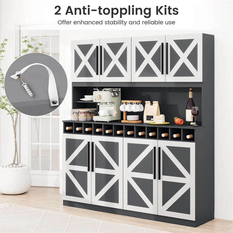 Eletriclife 70" Tall Farmhouse Pantry Cabinet Kitchen Buffet Hutch with 12-Bottle Wine Rack