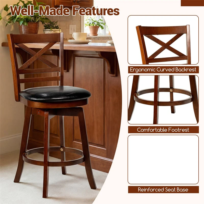 Eletriclife Set of 2 Swivel Counter Height Bar Stools 25" Rubber Wood Barstools with High Back
