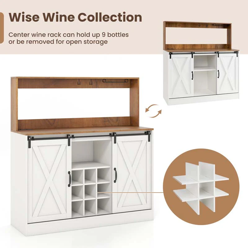 Eletriclife Farmhouse Coffee Bar Cabinet with Built-in Charging Station & 2 Sliding Barn Doors
