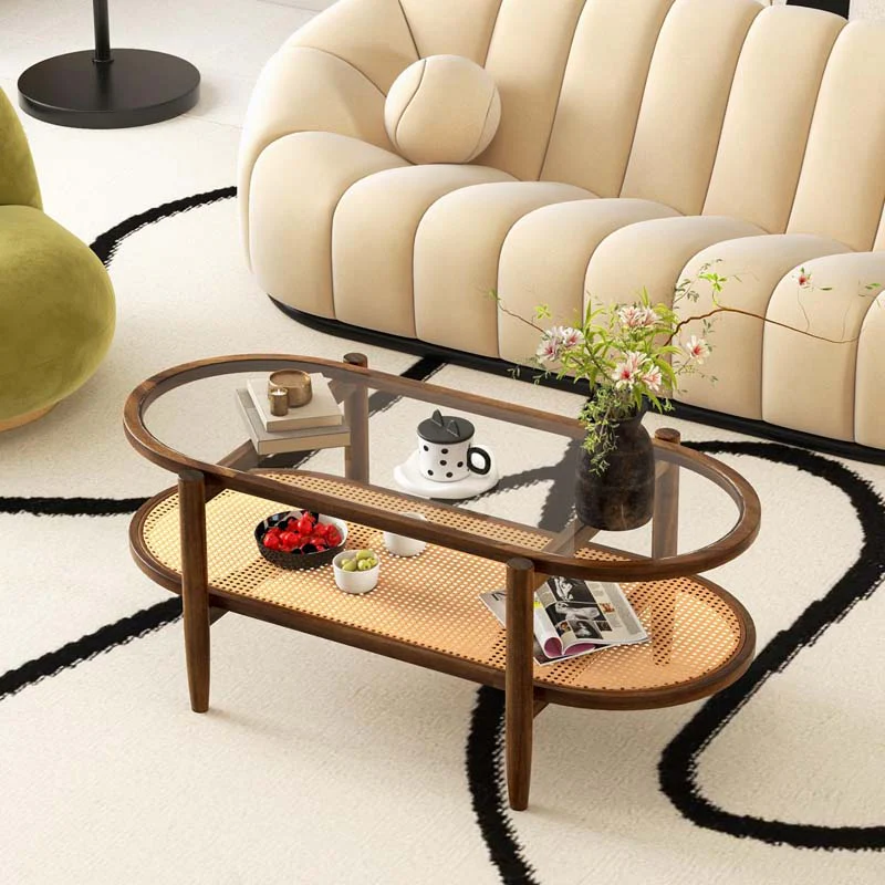 Eletriclife 2-Tier Coffee Table with Tempered Glass Tabletop and Acacia Wood Frame