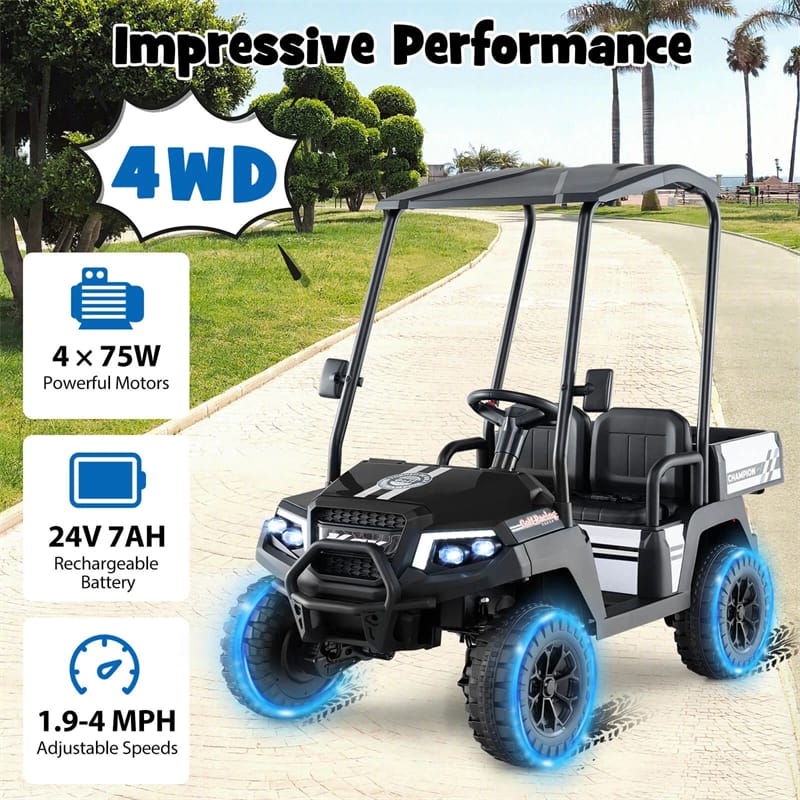 24V Kids Golf Cart, 4WD 2-Seater Electric Ride-On Car with Sun Shade, Storage Trunk, Remote Control & LED Lights for Boys & Girls Ages 3