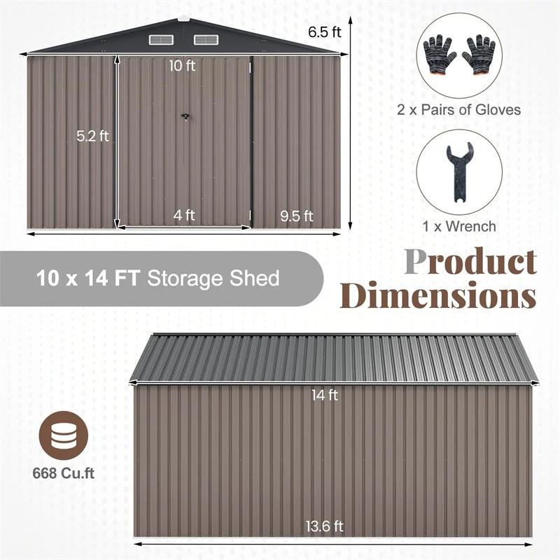 Eletriclife 10x14 FT Outdoor Storage Shed Large Garden Tool House with Improved Windproof Metal Structure