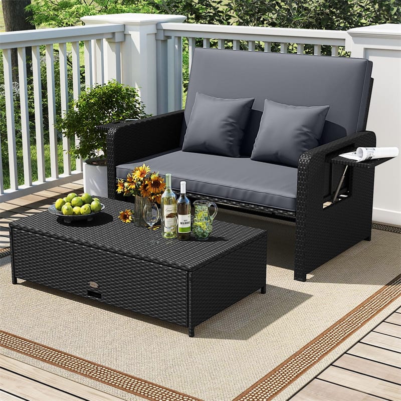 Eletriclife Patio Rattan Daybed Outdoor Wicker Loveseat Sofa with 4-Level Adjustable Backrest & Storage Ottoman