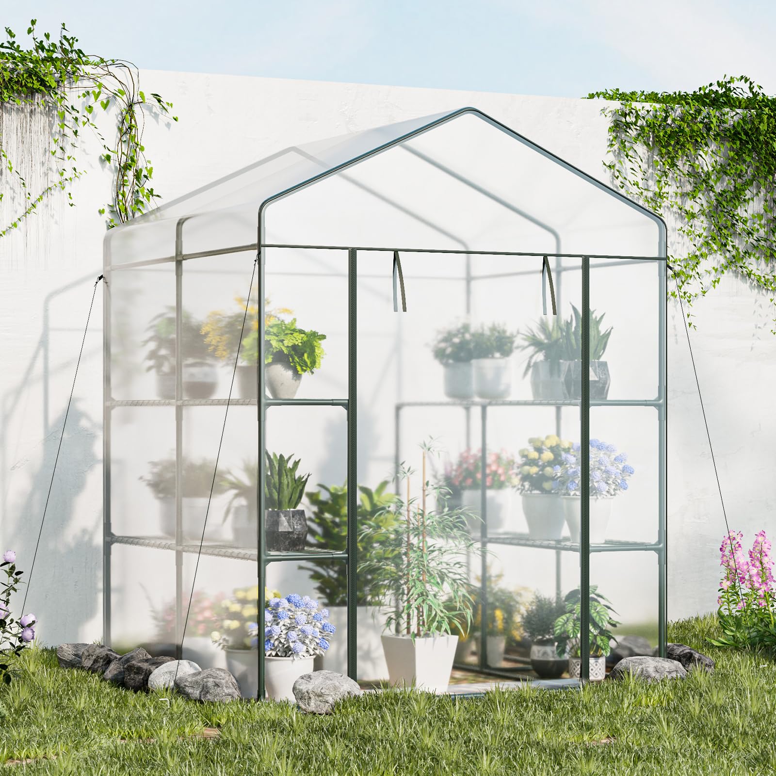 Eletriclife Walk-in Greenhouse with 3 Tiers 4 Shelves, PVC Cover, Roll-up Zippered Door