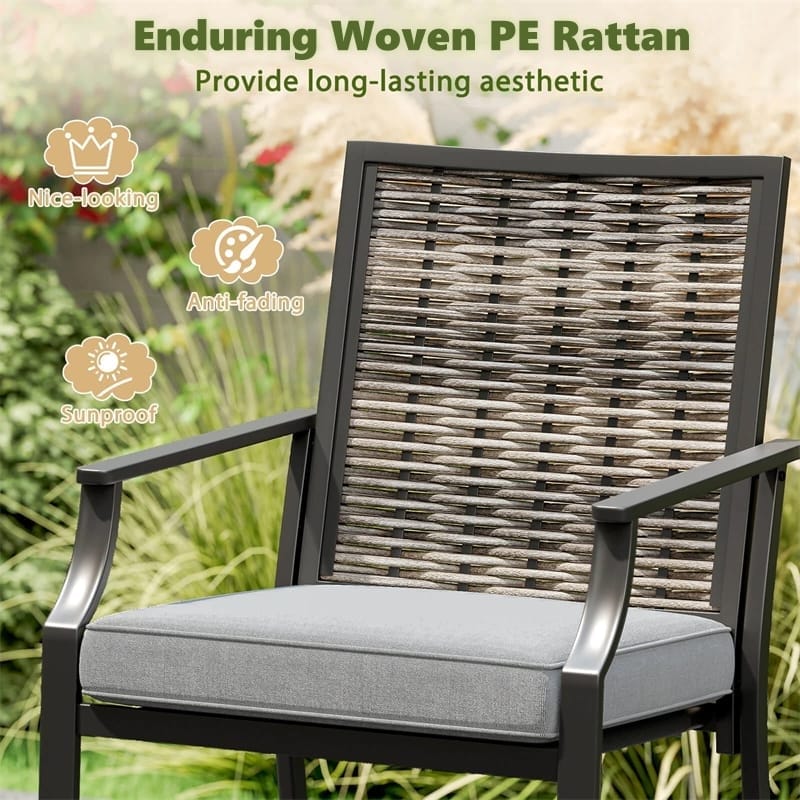 Eletriclife Outdoor Metal Bar Stools Set of 2 with Rattan Back, Armrest, Fabric Seat & Cushions