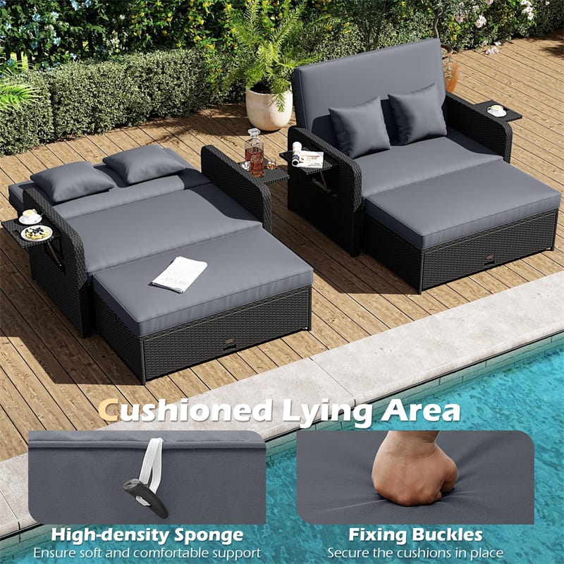 Eletriclife Patio Rattan Daybed Outdoor Wicker Loveseat Sofa with 4-Level Adjustable Backrest & Storage Ottoman