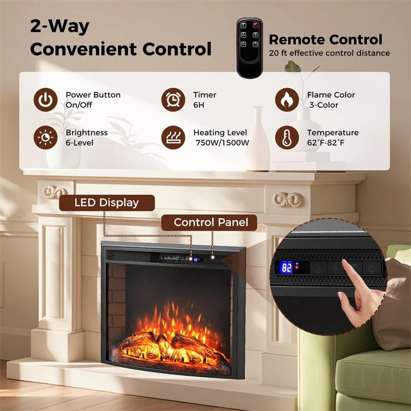 Eletriclife 26" Curved Electric Fireplace Insert 750W/1500W Recessed Heater with Remote Control & Adjustable Flame