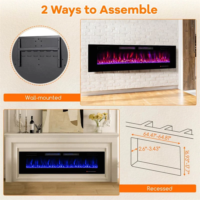 Eletriclife 42/50/60/72 Inch Ultra-Thin Smart Electric Fireplace Insert Wall Mount & Recessed Heater with Decorative Crystals