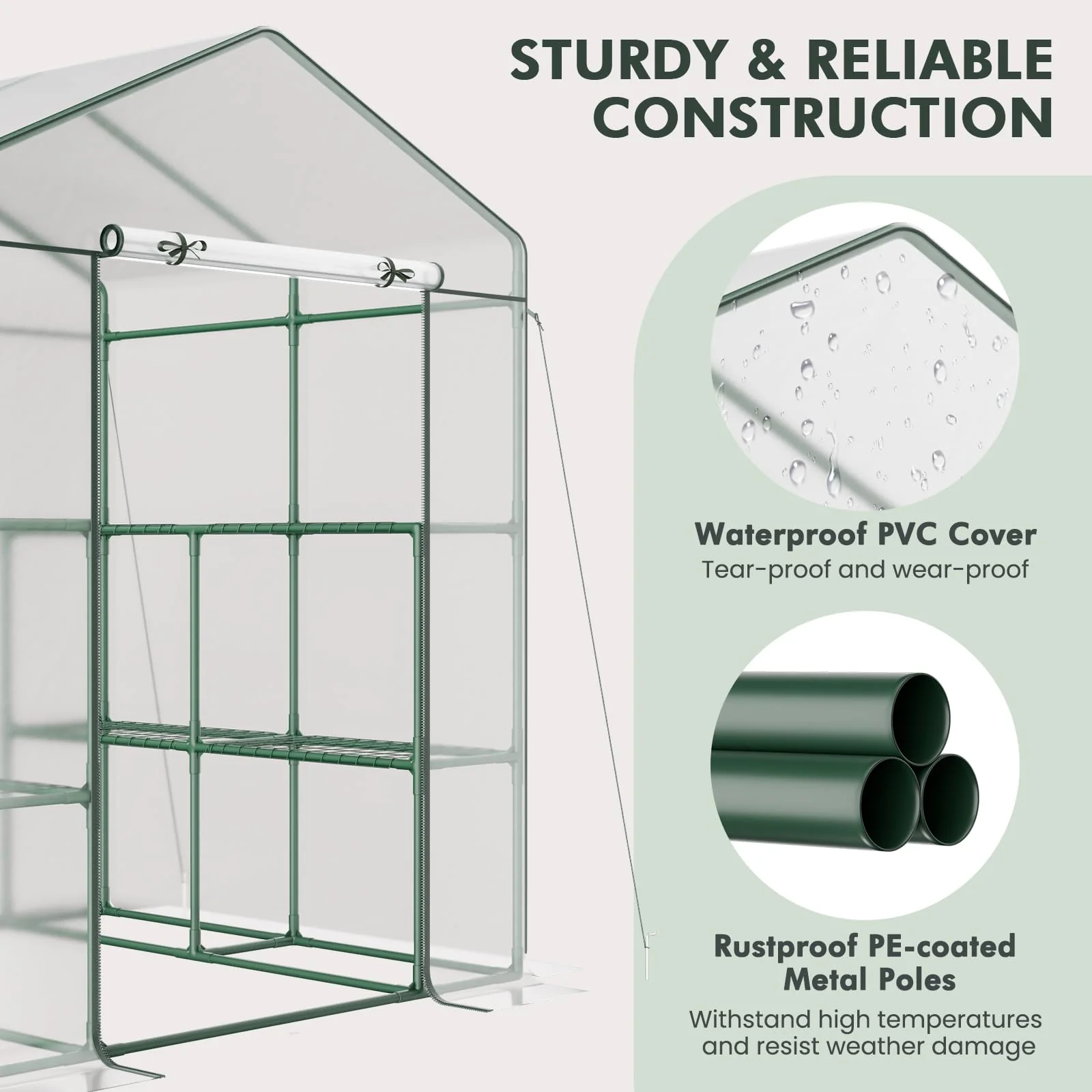 Eletriclife Walk-in Greenhouse with 3 Tiers 4 Shelves, PVC Cover, Roll-up Zippered Door