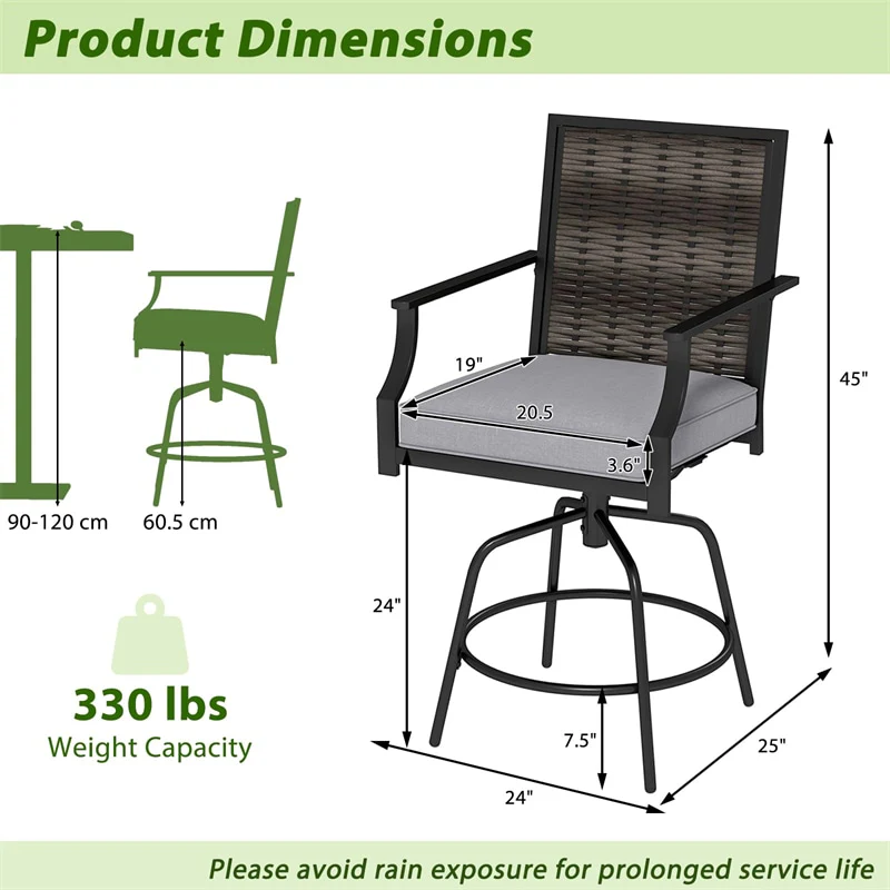 Eletriclife Outdoor PE Wicker Swivel Bar Stools Set of 2 Metal Frame with Back & Cushions